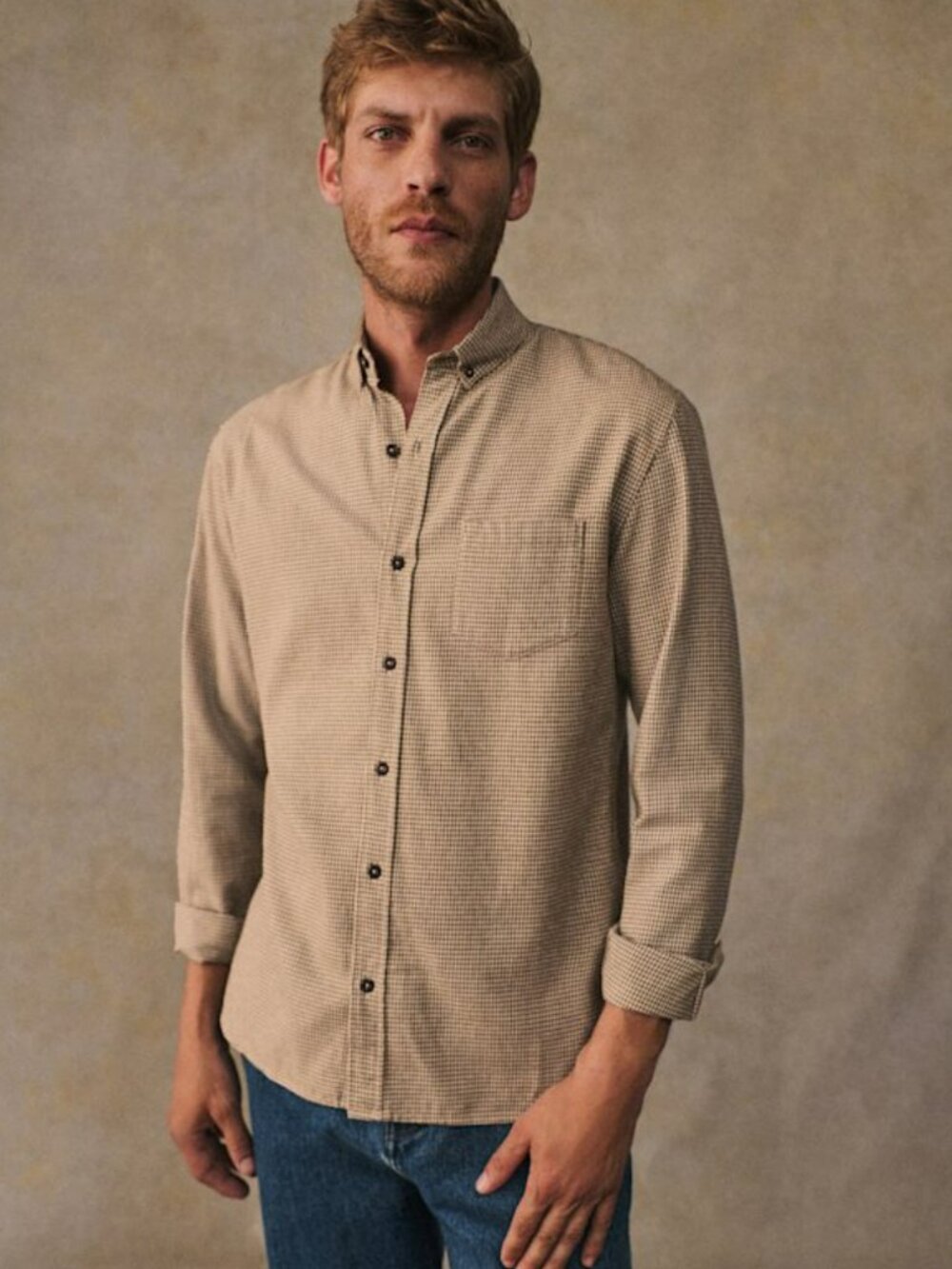 Octobre Sezane Flannel Charlie Shirt Camel Ecru Houndstooth Size L Large